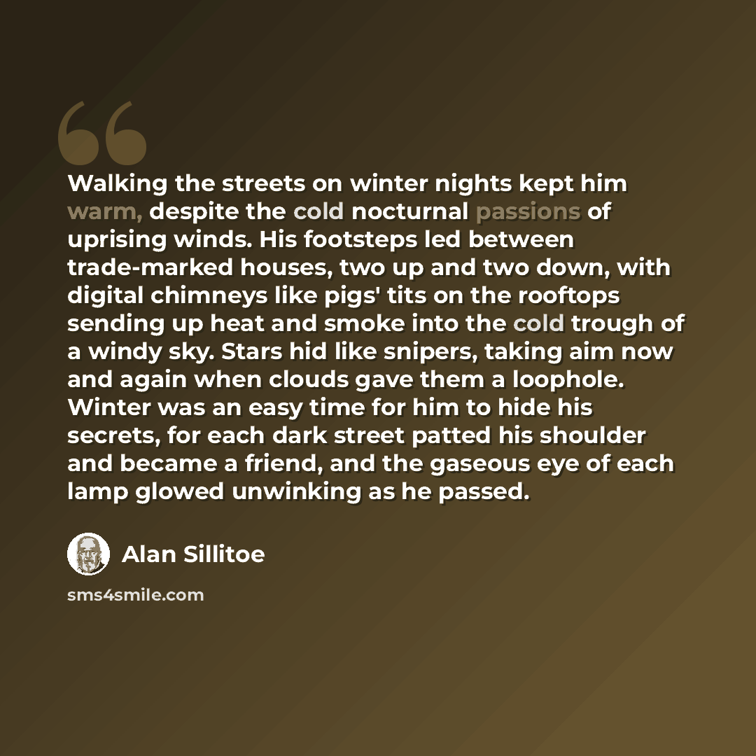 “Walking the streets on winter nights kept him warm, despite the cold nocturnal passions of uprising winds. His footsteps led between trade-marked houses, two up and two down, with digital chimneys like pigs' tits on the rooftops sending up heat and smoke into the cold trough of a windy sky. Stars…” quote by Alan Sillitoe
