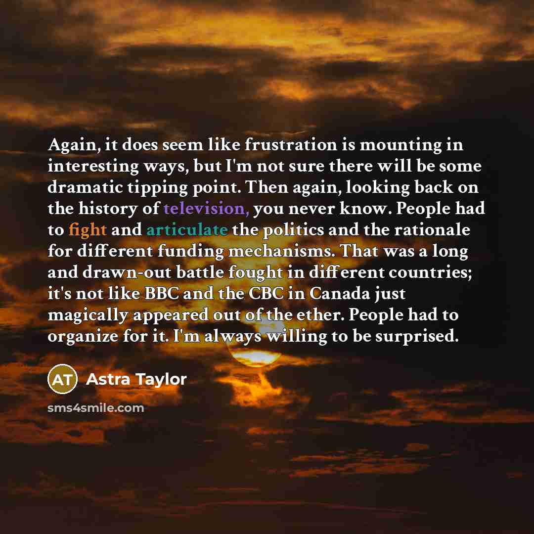 “Again, it does seem like frustration is mounting in interesting ways, but I'm not sure there will be some dramatic tipping point. Then again, looking back on the history of television, you never know. People had to fight and articulate the politics and the rationale for different funding…” quote by Astra Taylor