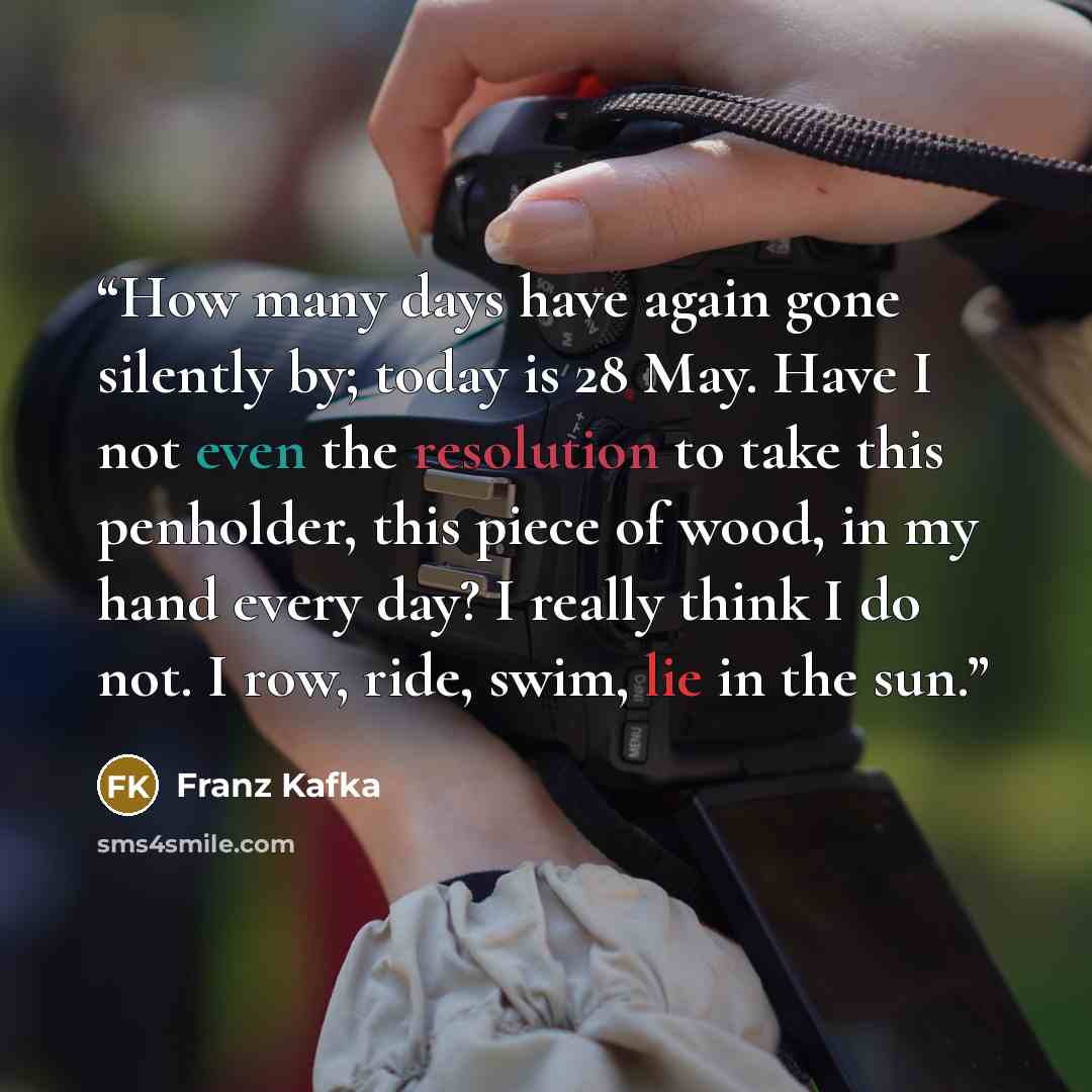 “How many days have again gone silently by; today is 28 May. Have I not even the resolution to take this penholder, this piece of wood, in my hand every day? I really think I do not. I row, ride, swim, lie in the sun.” quote by Franz Kafka