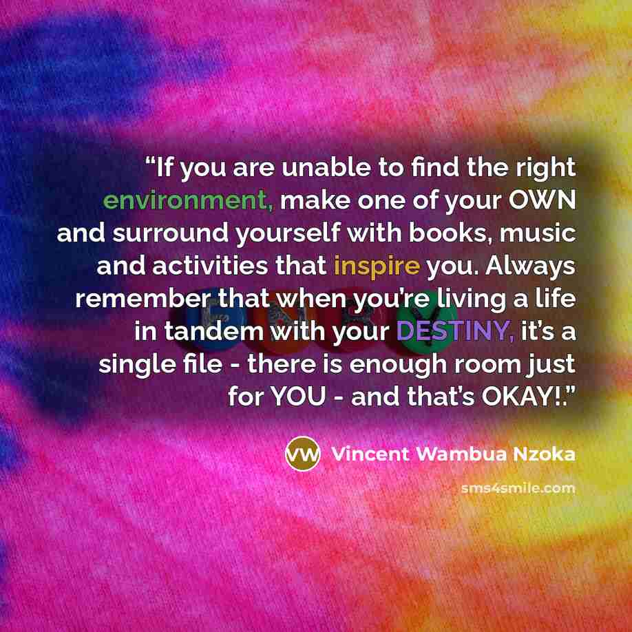 “If you are unable to find the right environment, make one of your OWN and surround yourself with books, music and activities that inspire you. Always remember that when you’re living a life in tandem with your DESTINY, it’s a single file - there is enough room just for YOU - and that’s OKAY!.” quote by Vincent Wambua Nzoka