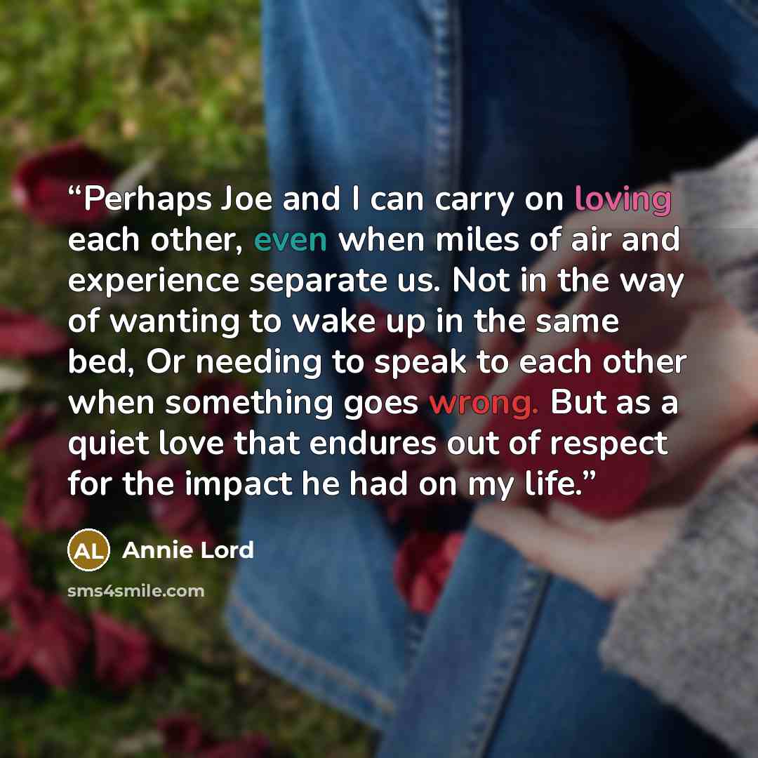 “Perhaps Joe and I can carry on loving each other, even when miles of air and experience separate us. Not in the way of wanting to wake up in the same bed, Or needing to speak to each other when something goes wrong. But as a quiet love that endures out of respect for the impact he had on my life.” quote by Annie Lord