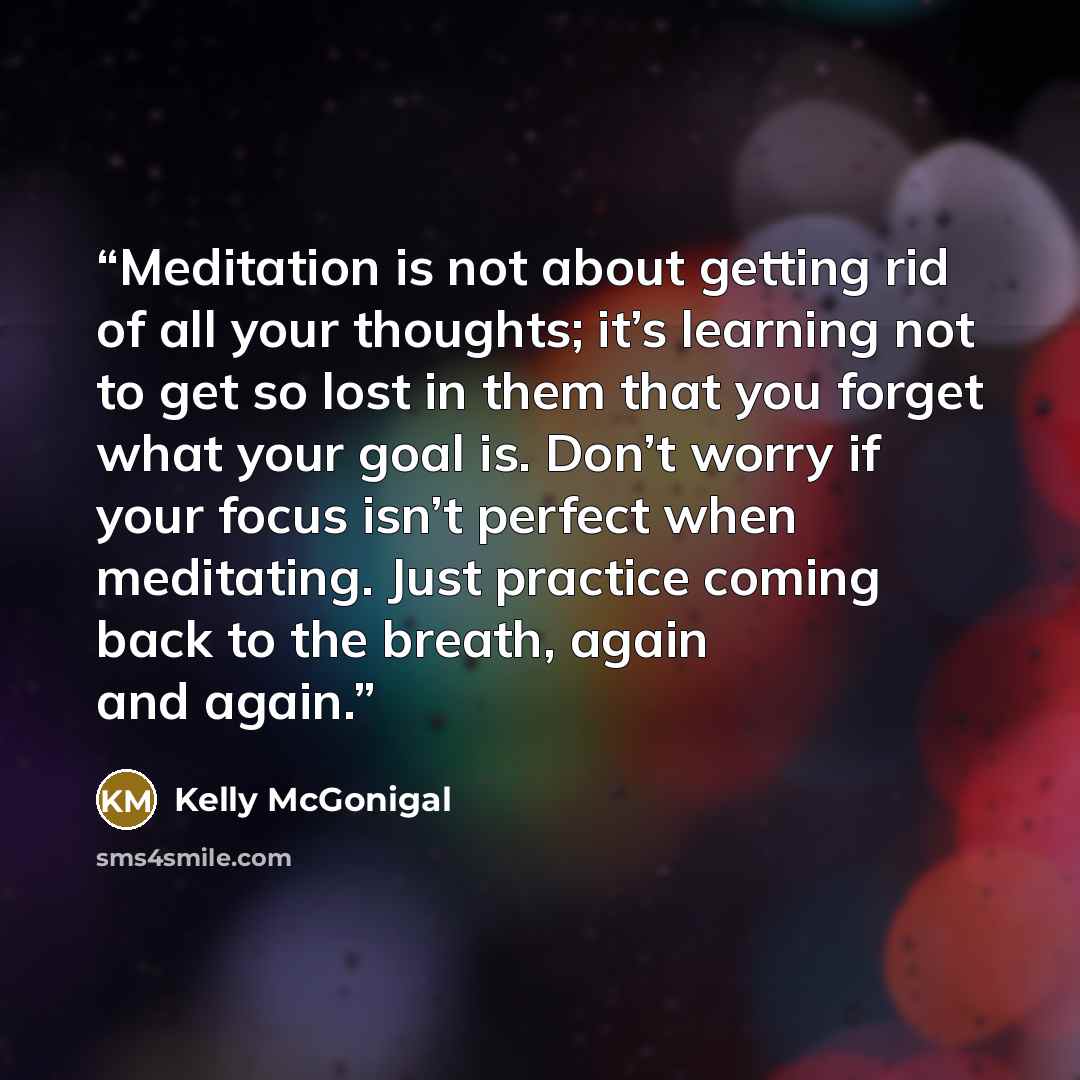 “Meditation is not about getting rid of all your thoughts; it’s learning not to get so lost in them that you forget what your goal is. Don’t worry if your focus isn’t perfect when meditating. Just practice coming back to the breath, again and again.” quote by Kelly McGonigal