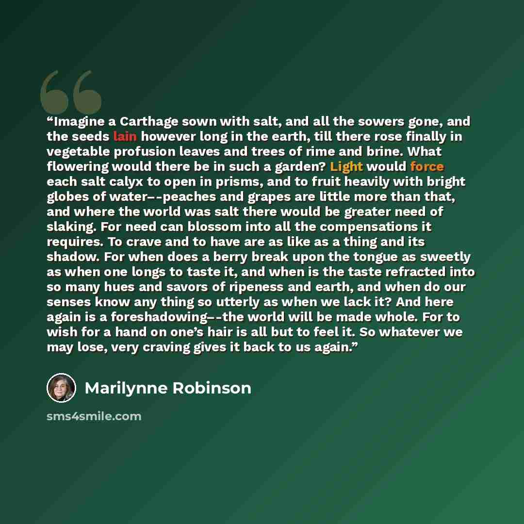 “Imagine a Carthage sown with salt, and all the sowers gone, and the seeds lain however long in the earth, till there rose finally in vegetable profusion leaves and trees of rime and brine. What flowering would there be in such a garden? Light would force each salt calyx to open in prisms, and to…” quote by Marilynne Robinson