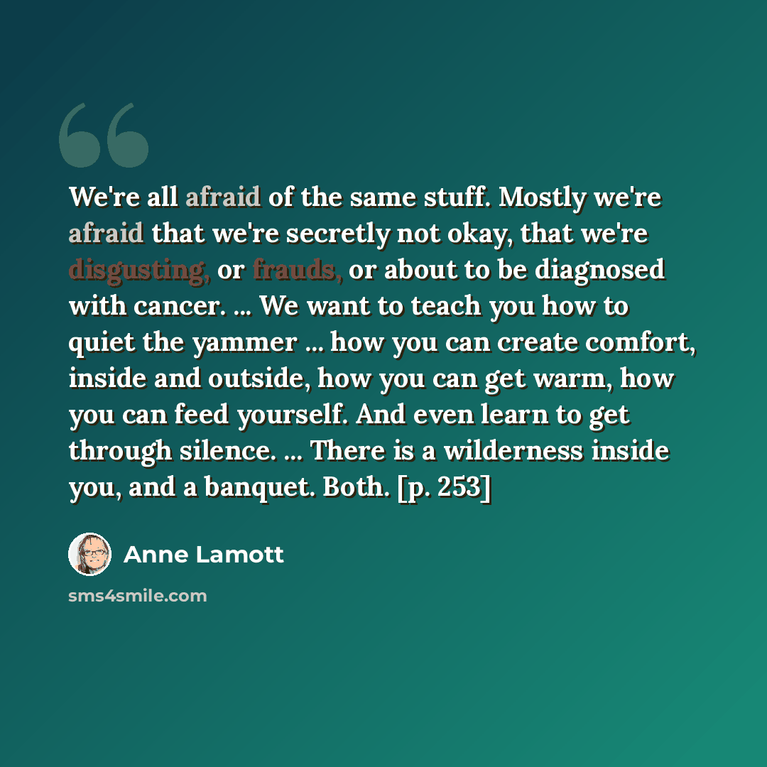 “We're all afraid of the same stuff. Mostly we're afraid that we're secretly not okay, that we're disgusting, or frauds, or about to be diagnosed with cancer. ... We want to teach you how to quiet the yammer ... how you can create comfort, inside and outside, how you can get warm, how you can feed…” quote by Anne Lamott
