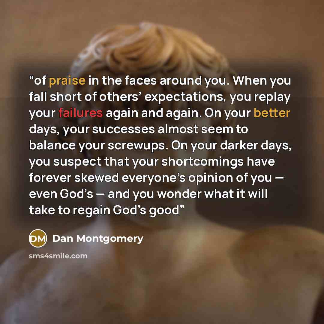 “of praise in the faces around you. When you fall short of others’ expectations, you replay your failures again and again. On your better days, your successes almost seem to balance your screwups. On your darker days, you suspect that your shortcomings have forever skewed everyone’s opinion of you…” quote by Dan Montgomery