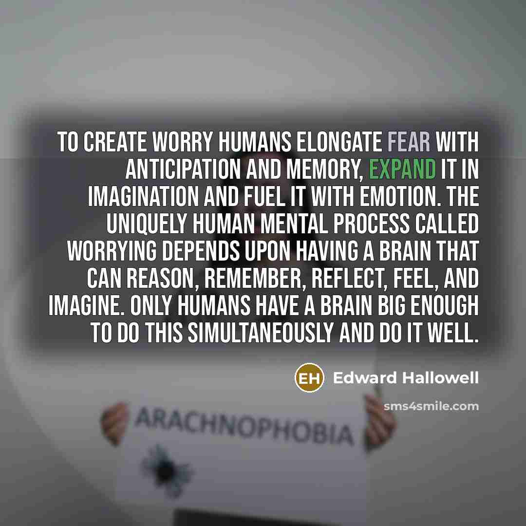 “To create worry humans elongate fear with anticipation and memory, expand it in imagination and fuel it with emotion. The uniquely human mental process called worrying depends upon having a brain that can reason, remember, reflect, feel, and imagine. Only humans have a brain big enough to do this…” quote by Edward Hallowell