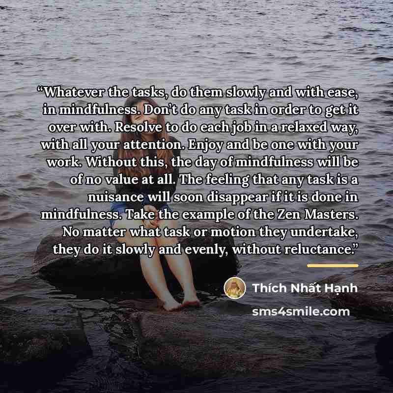 “Whatever the tasks, do them slowly and with ease, in mindfulness. Don’t do any task in order to get it over with. Resolve to do each job in a relaxed way, with all your attention. Enjoy and be one with your work. Without this, the day of mindfulness will be of no value at all. The feeling that any…” quote by Thich Nhat Hanh