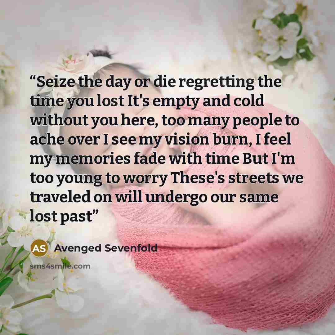 “Seize the day or die regretting the time you lost It's empty and cold without you here, too many people to ache over I see my vision burn, I feel my memories fade with time But I'm too young to worry These's streets we traveled on will undergo our same lost past” quote by Avenged Sevenfold
