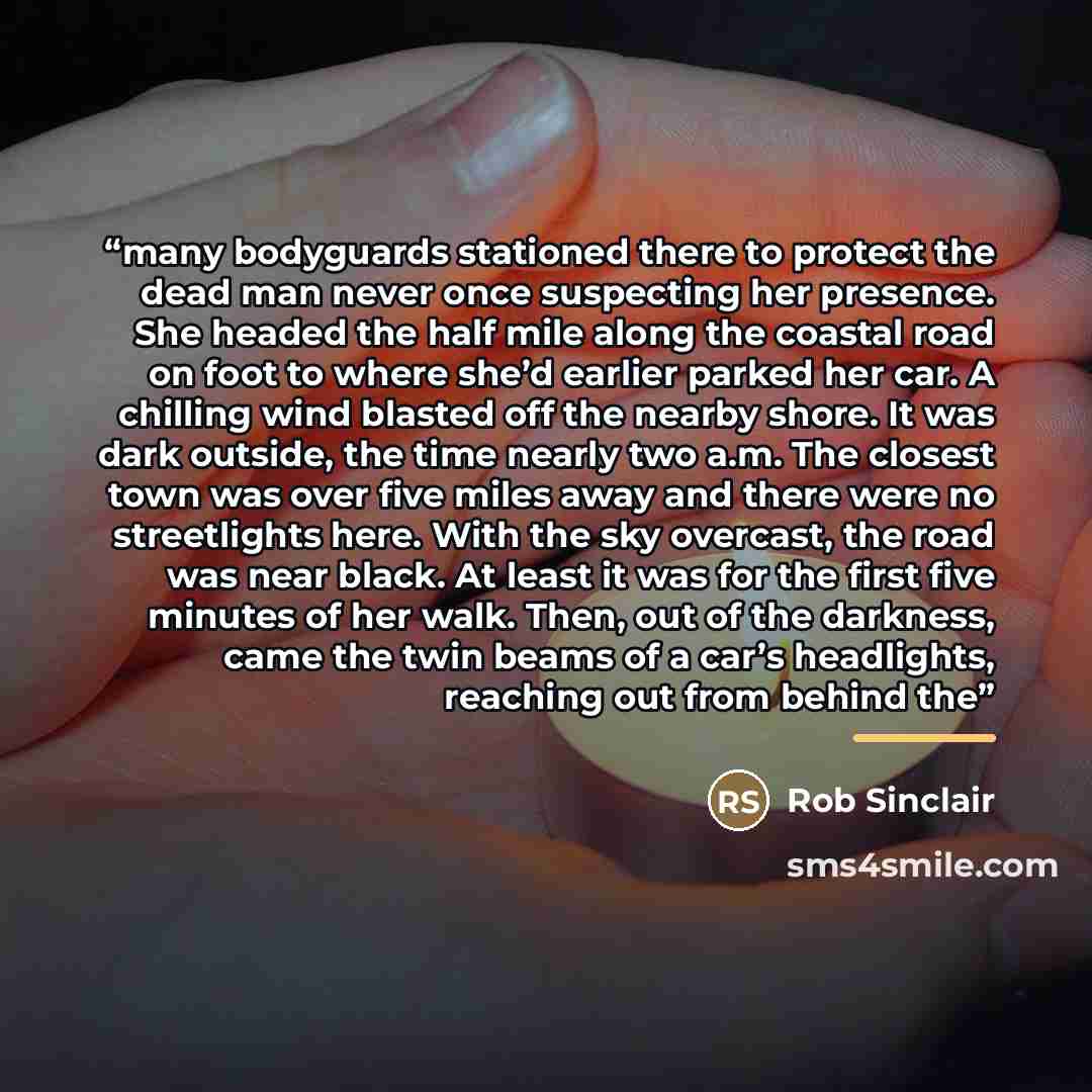 “many bodyguards stationed there to protect the dead man never once suspecting her presence. She headed the half mile along the coastal road on foot to where she’d earlier parked her car. A chilling wind blasted off the nearby shore. It was dark outside, the time nearly two a.m. The closest town…” quote by Rob Sinclair