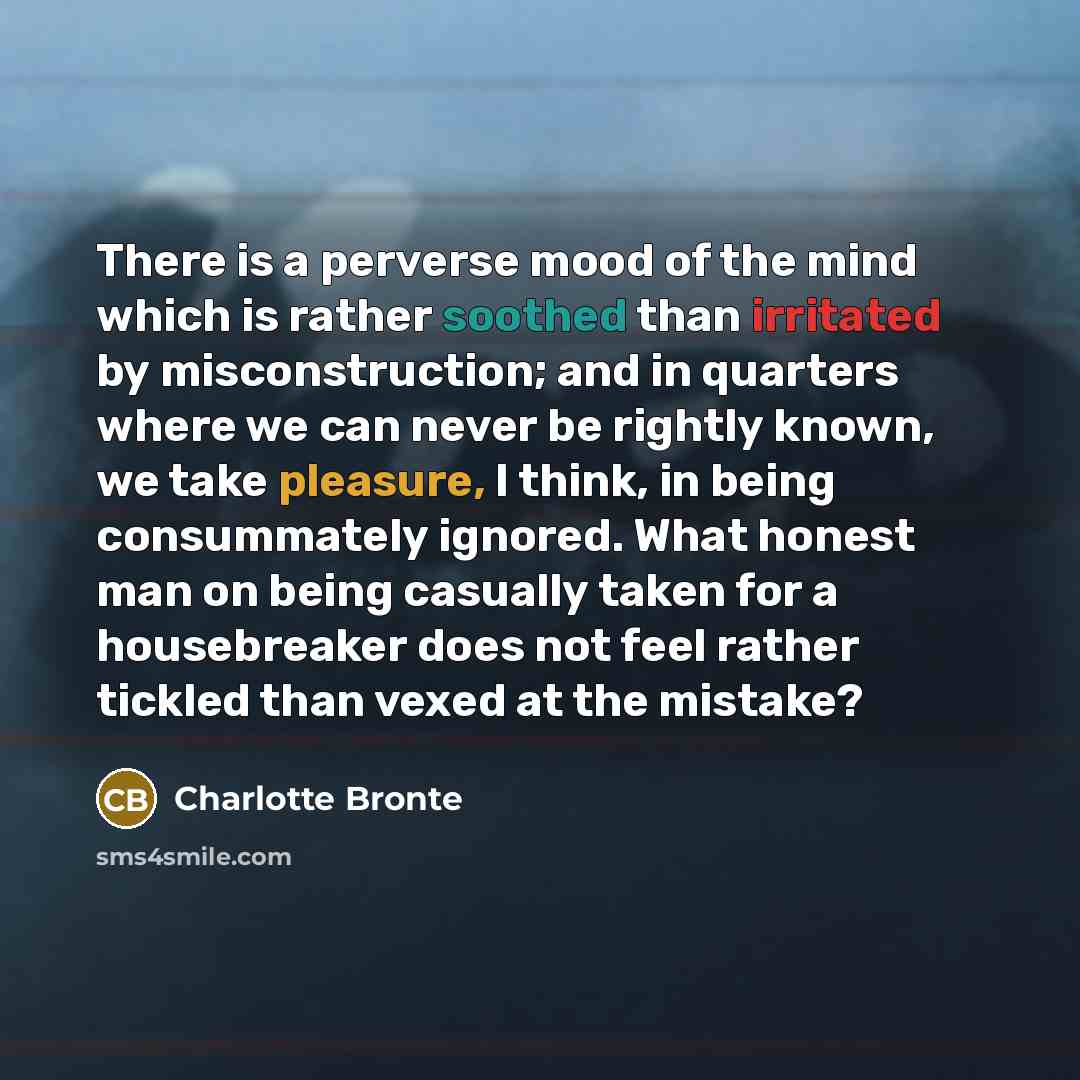 “There is a perverse mood of the mind which is rather soothed than irritated by misconstruction; and in quarters where we can never be rightly known, we take pleasure, I think, in being consummately ignored. What honest man on being casually taken for a housebreaker does not feel rather tickled…” quote by Charlotte Bronte