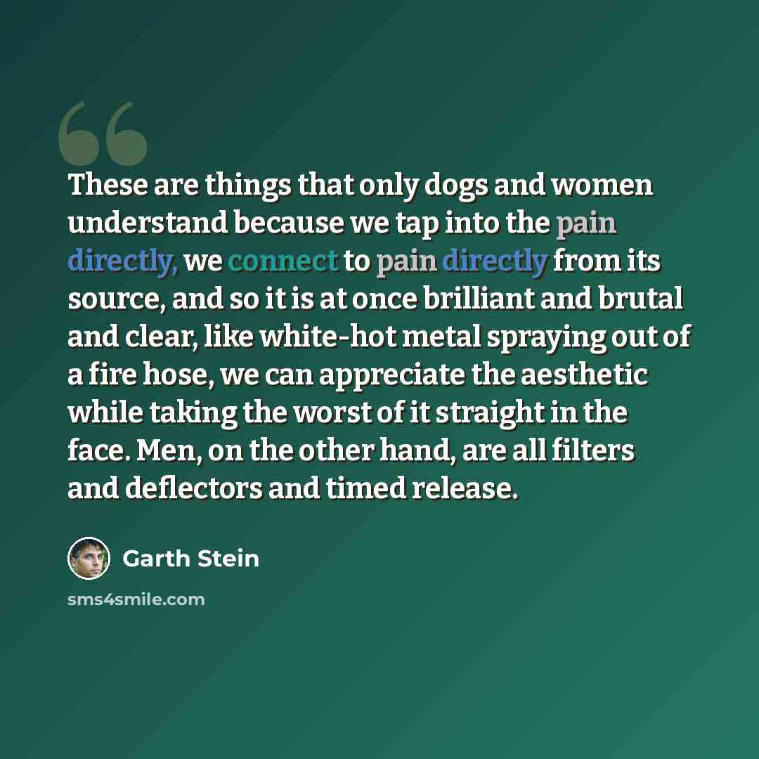“These are things that only dogs and women understand because we tap into the pain directly, we connect to pain directly from its source, and so it is at once brilliant and brutal and clear, like white-hot metal spraying out of a fire hose, we can appreciate the aesthetic while taking the worst of…” quote by Garth Stein