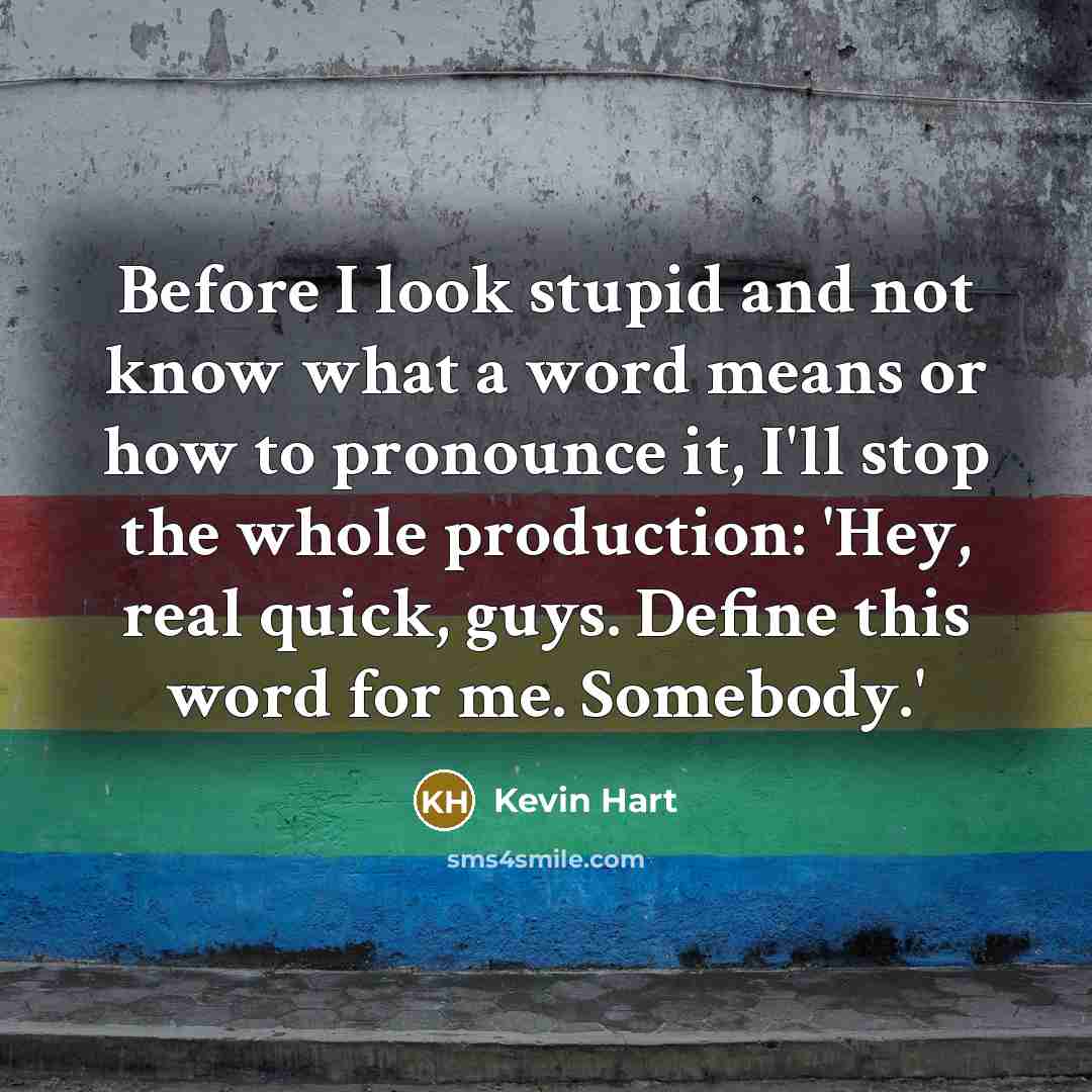 “Before I look stupid and not know what a word means or how to pronounce it, I'll stop the whole production: 'Hey, real quick, guys. Define this word for me. Somebody.'” quote by Kevin Hart