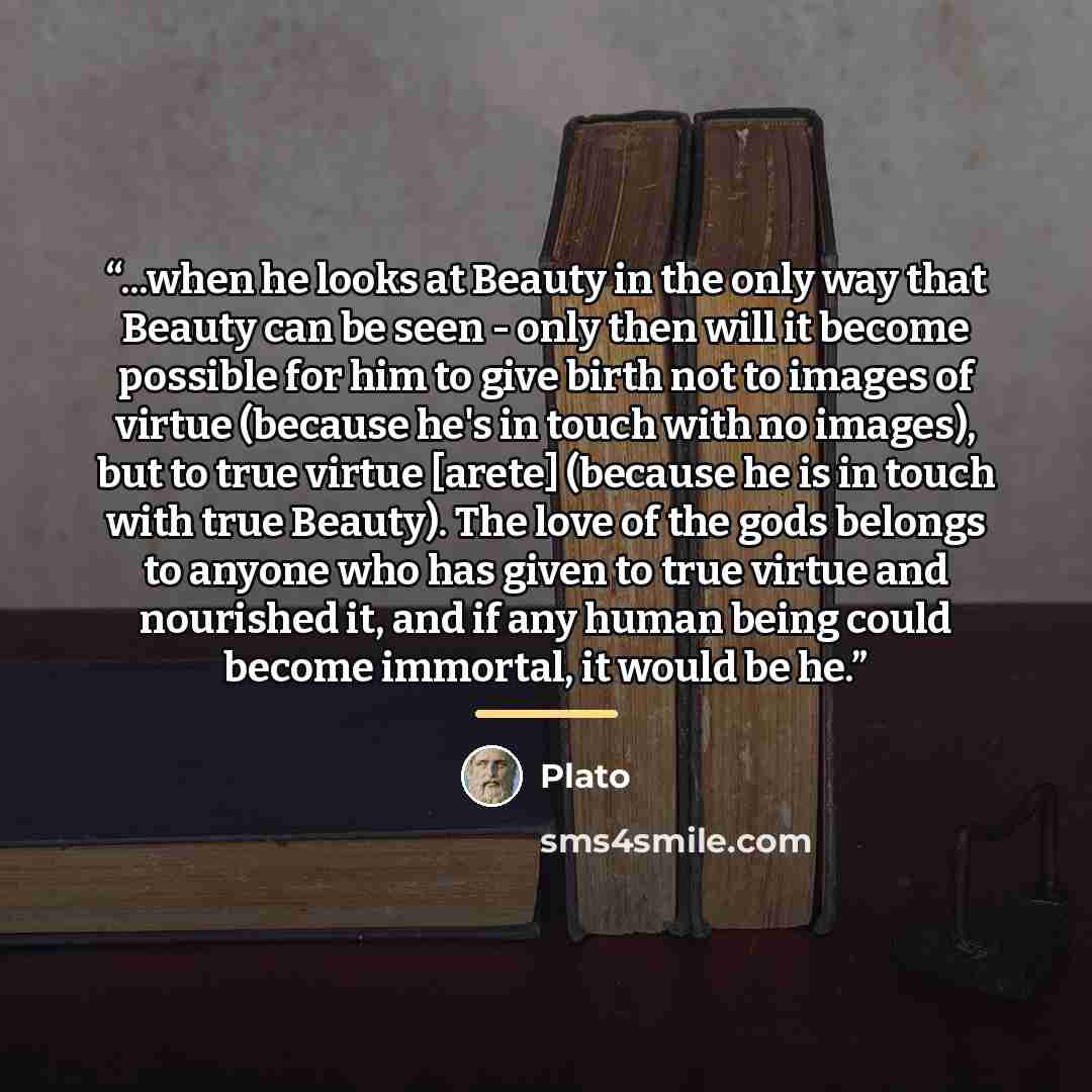 “...when he looks at Beauty in the only way that Beauty can be seen - only then will it become possible for him to give birth not to images of virtue (because he's in touch with no images), but to true virtue [arete] (because he is in touch with true Beauty). The love of the gods belongs to anyone…” quote by Plato