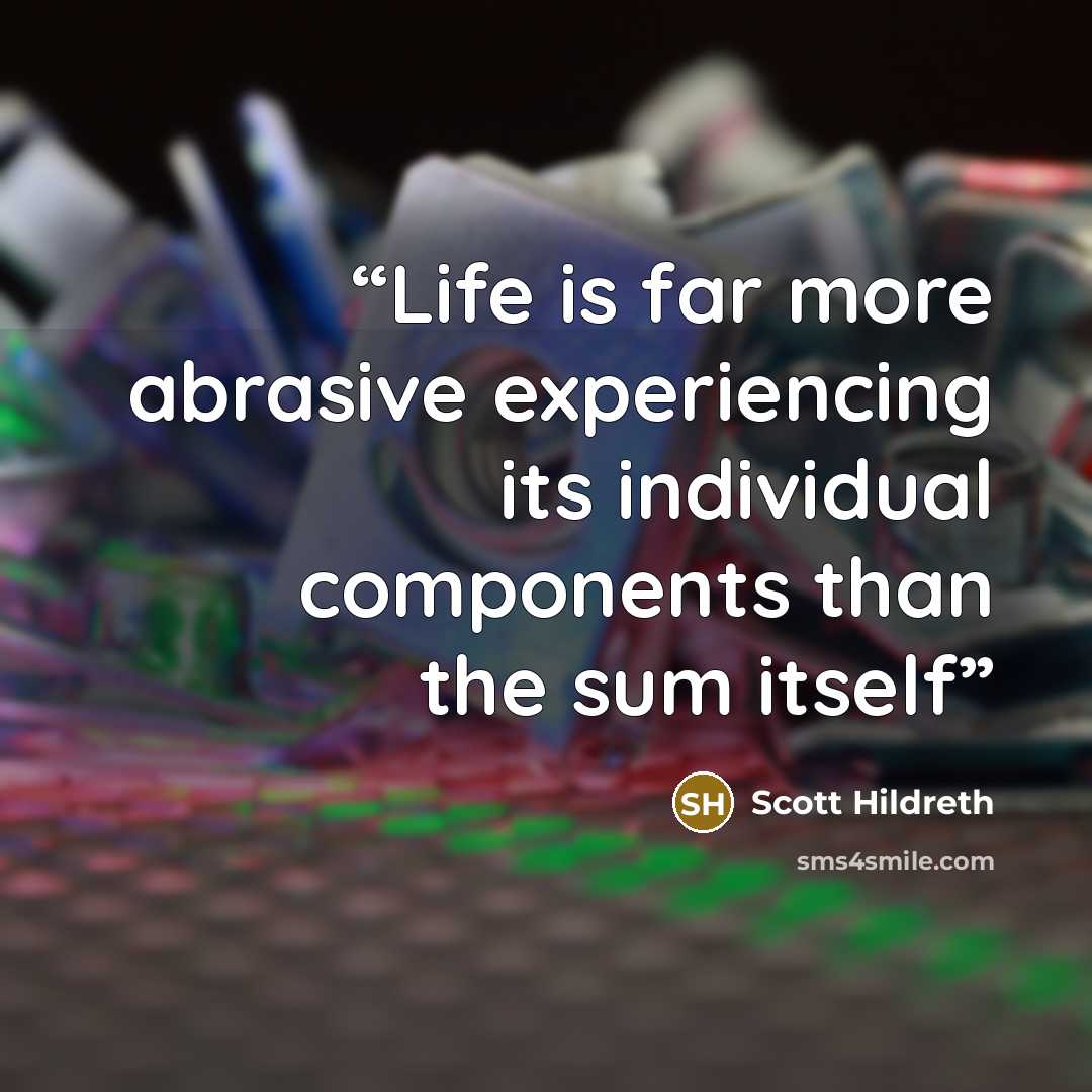 “Life is far more abrasive experiencing its individual components than the sum itself” quote by Scott Hildreth