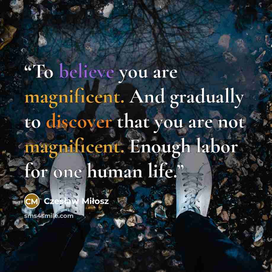 “To believe you are magnificent. And gradually to discover that you are not magnificent. Enough labor for one human life.” quote by Czesław Miłosz