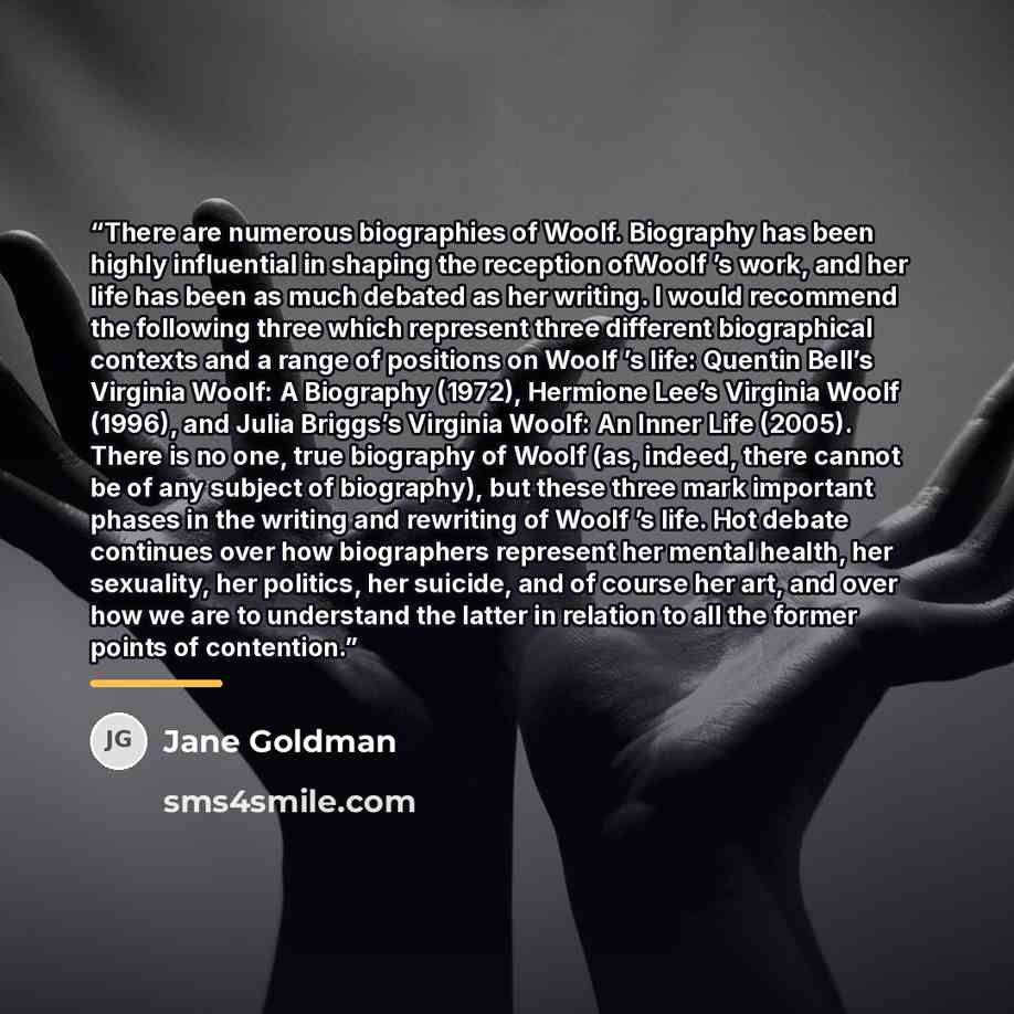 “There are numerous biographies of Woolf. Biography has been highly influential in shaping the reception ofWoolf ’s work, and her life has been as much debated as her writing. I would recommend the following three which represent three different biographical contexts and a range of positions on…” quote by Jane Goldman