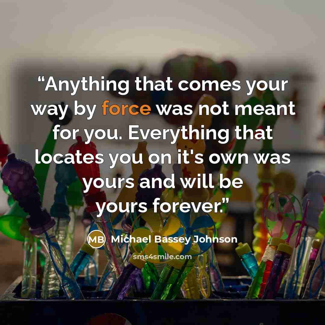 “Anything that comes your way by force was not meant for you. Everything that locates you on it's own was yours and will be yours forever.” quote by Michael Bassey Johnson