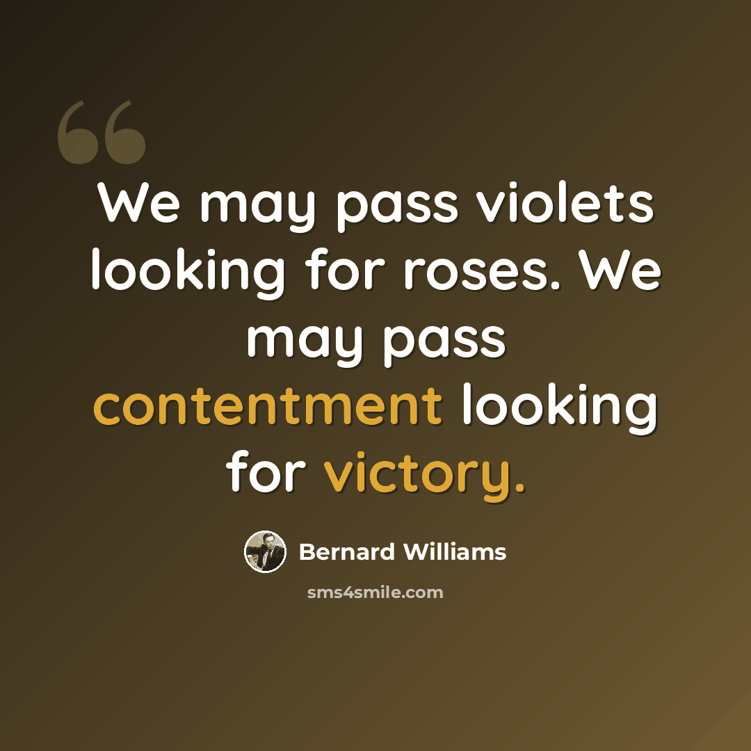 “We may pass violets looking for roses. We may pass contentment looking for victory.” quote by Bernard Williams
