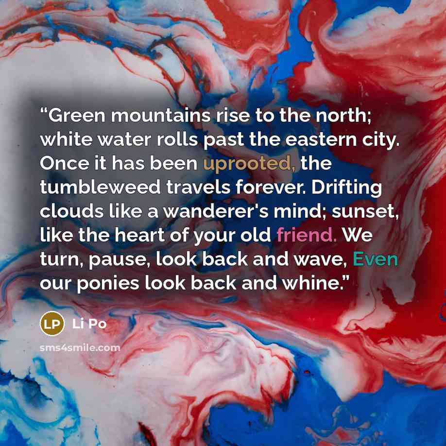 “Green mountains rise to the north; white water rolls past the eastern city. Once it has been uprooted, the tumbleweed travels forever. Drifting clouds like a wanderer's mind; sunset, like the heart of your old friend. We turn, pause, look back and wave, Even our ponies look back and whine.” quote by Li Po