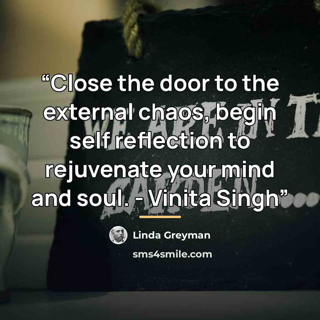 “Close the door to the external chaos, begin self reflection to rejuvenate your mind and soul. - Vinita Singh” quote by Linda Greyman