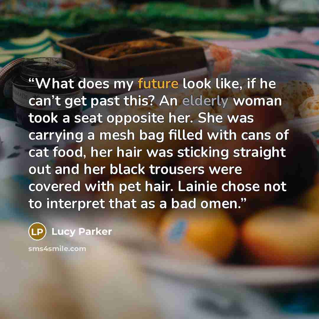 “What does my future look like, if he can’t get past this? An elderly woman took a seat opposite her. She was carrying a mesh bag filled with cans of cat food, her hair was sticking straight out and her black trousers were covered with pet hair. Lainie chose not to interpret that as a bad omen.” quote by Lucy Parker