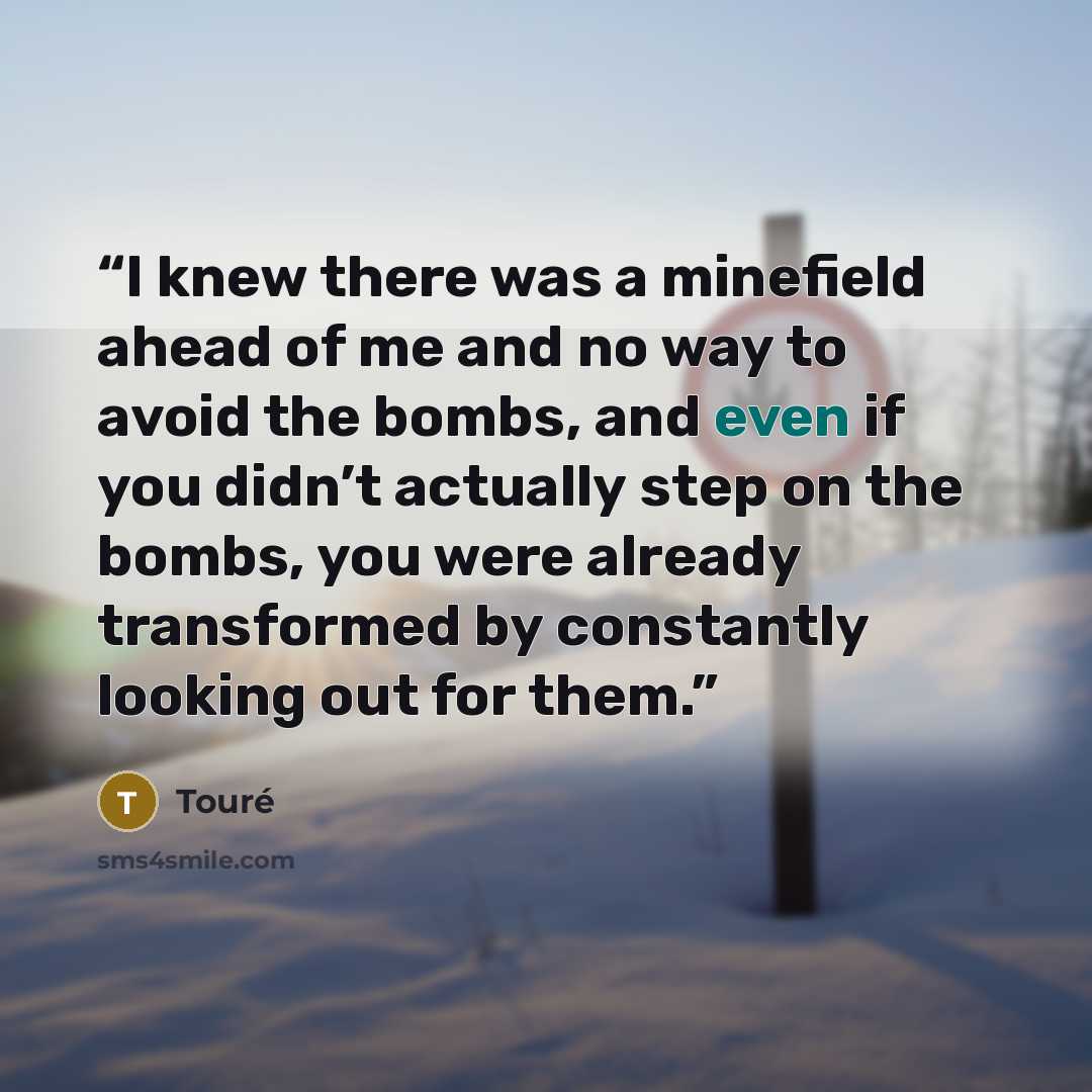 “I knew there was a minefield ahead of me and no way to avoid the bombs, and even if you didn’t actually step on the bombs, you were already transformed by constantly looking out for them.” quote by Touré