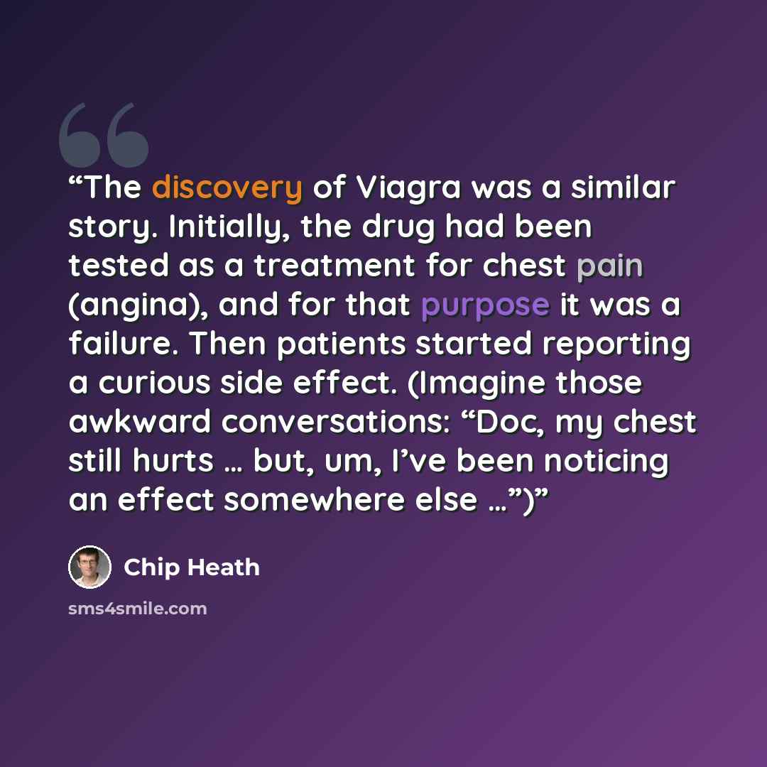“The discovery of Viagra was a similar story. Initially, the drug had been tested as a treatment for chest pain (angina), and for that purpose it was a failure. Then patients started reporting a curious side effect. (Imagine those awkward conversations: “Doc, my chest still hurts … but, um, I’ve…” quote by Chip Heath