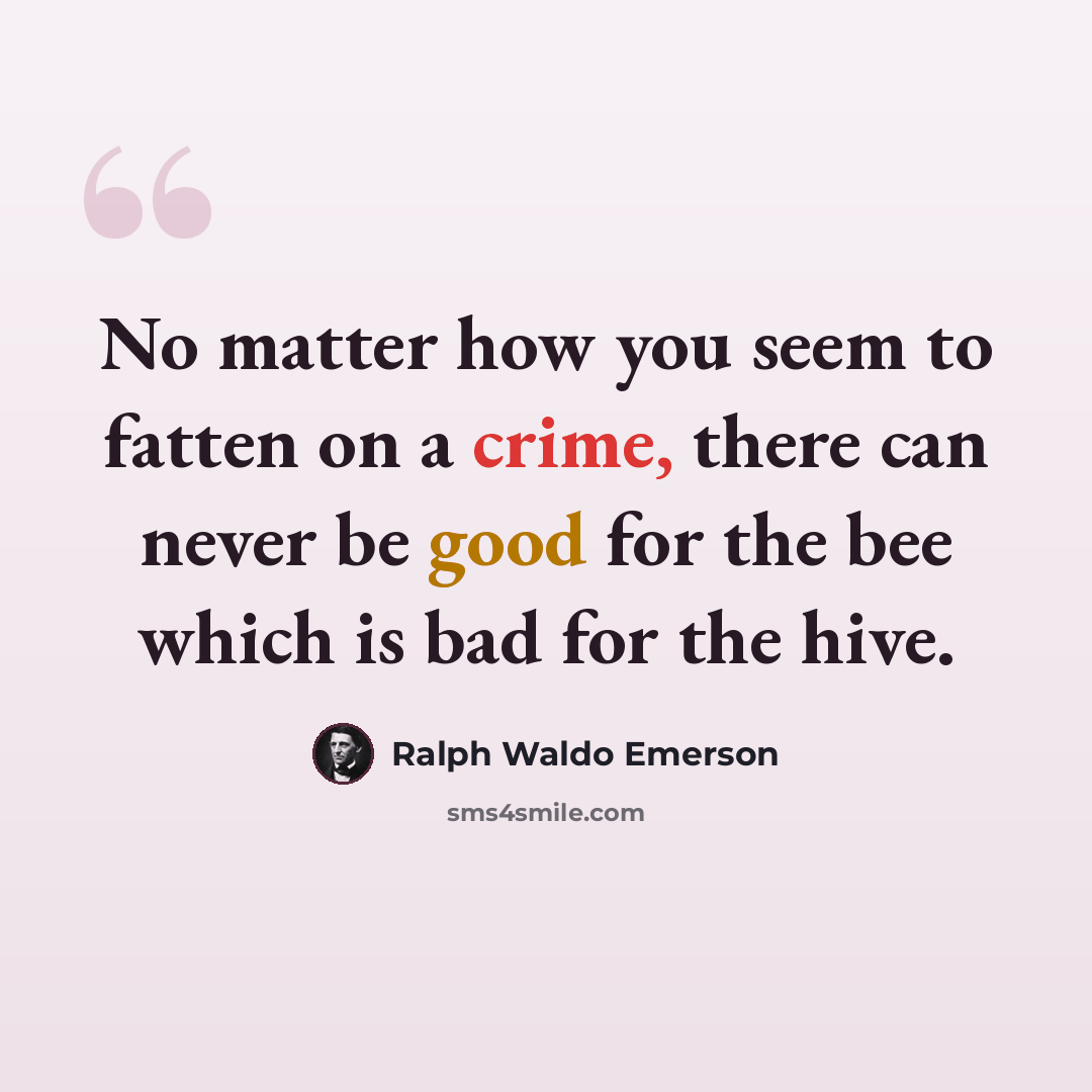 “No matter how you seem to fatten on a crime, there can never be good for the bee which is bad for the hive.” quote by Ralph Waldo Emerson