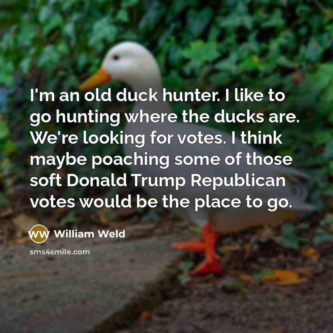 “I'm an old duck hunter. I like to go hunting where the ducks are. We're looking for votes. I think maybe poaching some of those soft Donald Trump Republican votes would be the place to go.” quote by William Weld