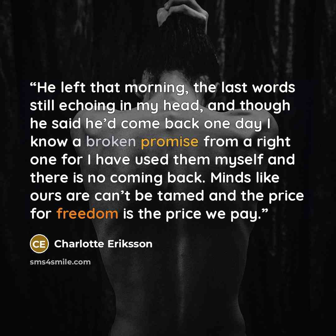 “He left that morning, the last words still echoing in my head, and though he said he’d come back one day I know a broken promise from a right one for I have used them myself and there is no coming back. Minds like ours are can’t be tamed and the price for freedom is the price we pay.” quote by Charlotte Eriksson