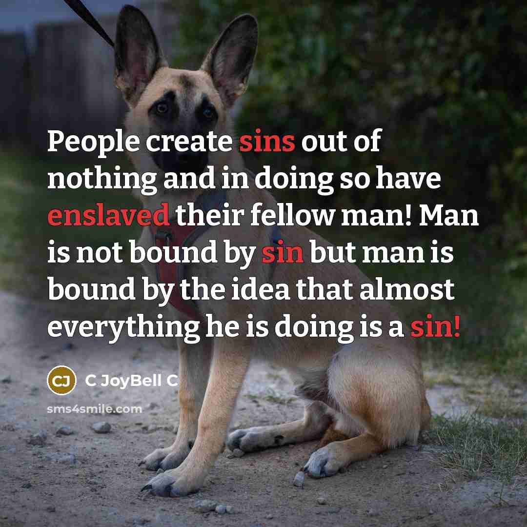 “People create sins out of nothing and in doing so have enslaved their fellow man! Man is not bound by sin but man is bound by the idea that almost everything he is doing is a sin!” quote by C JoyBell C