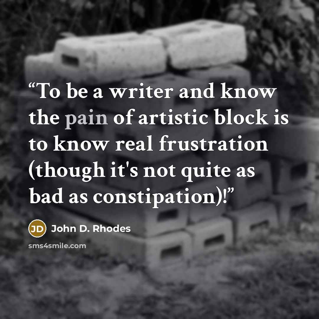 “To be a writer and know the pain of artistic block is to know real frustration (though it's not quite as bad as constipation)!” quote by John D. Rhodes