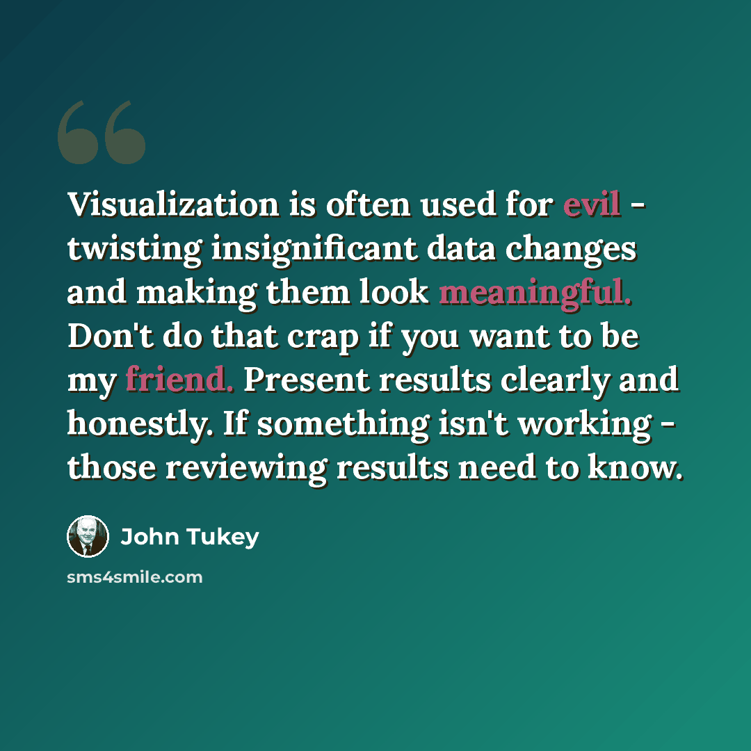 “Visualization is often used for evil - twisting insignificant data changes and making them look meaningful. Don't do that crap if you want to be my friend. Present results clearly and honestly. If something isn't working - those reviewing results need to know.” quote by John Tukey