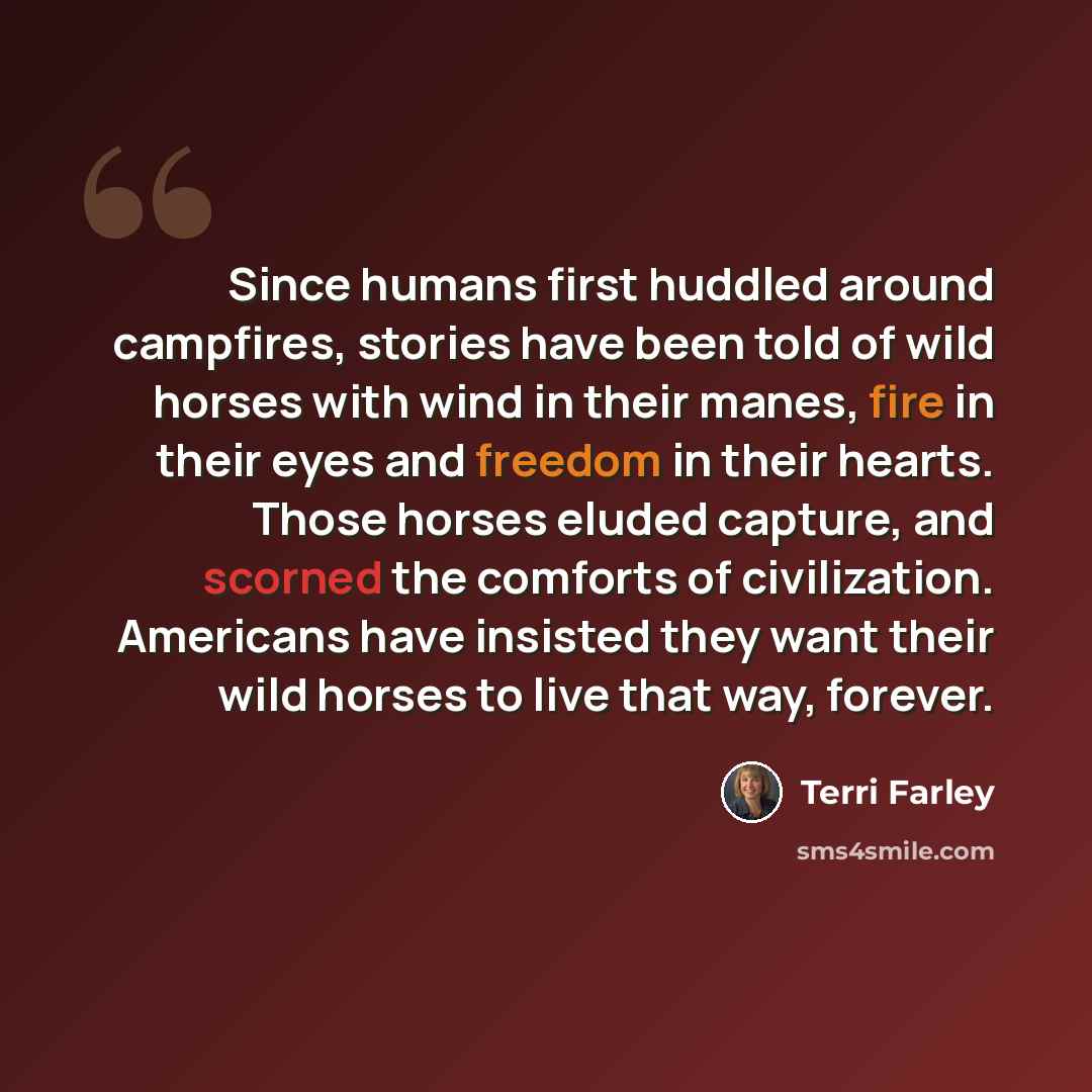 “Since humans first huddled around campfires, stories have been told of wild horses with wind in their manes, fire in their eyes and freedom in their hearts. Those horses eluded capture, and scorned the comforts of civilization. Americans have insisted they want their wild horses to live that way…” quote by Terri Farley