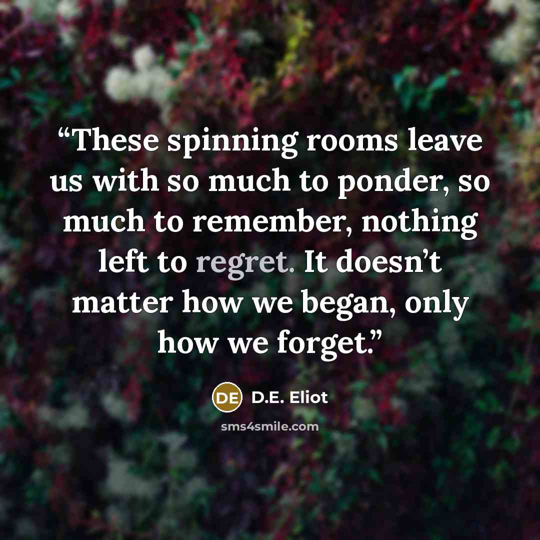 “These spinning rooms leave us with so much to ponder, so much to remember, nothing left to regret. It doesn’t matter how we began, only how we forget.” quote by D.E. Eliot