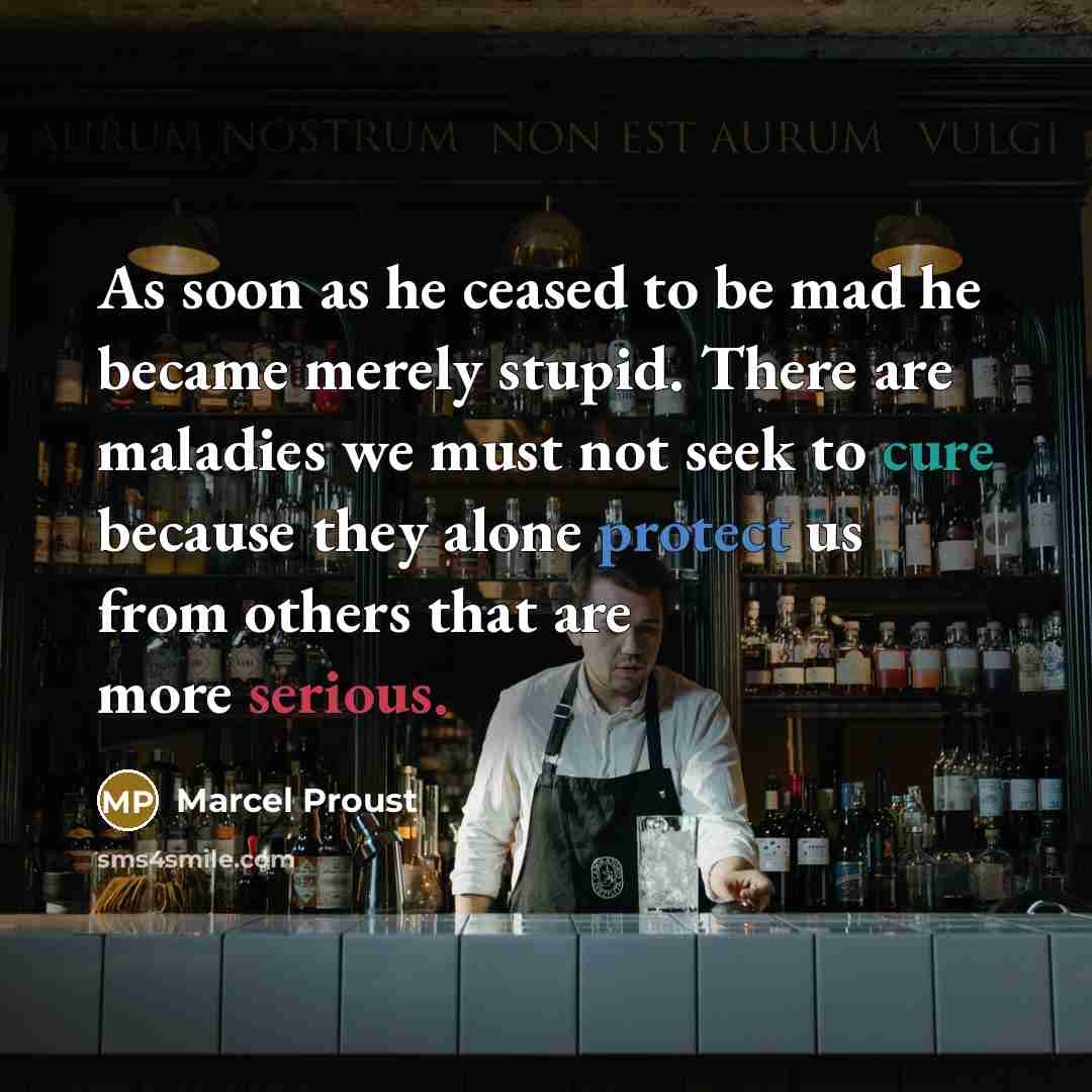 “As soon as he ceased to be mad he became merely stupid. There are maladies we must not seek to cure because they alone protect us from others that are more serious.” quote by Marcel Proust