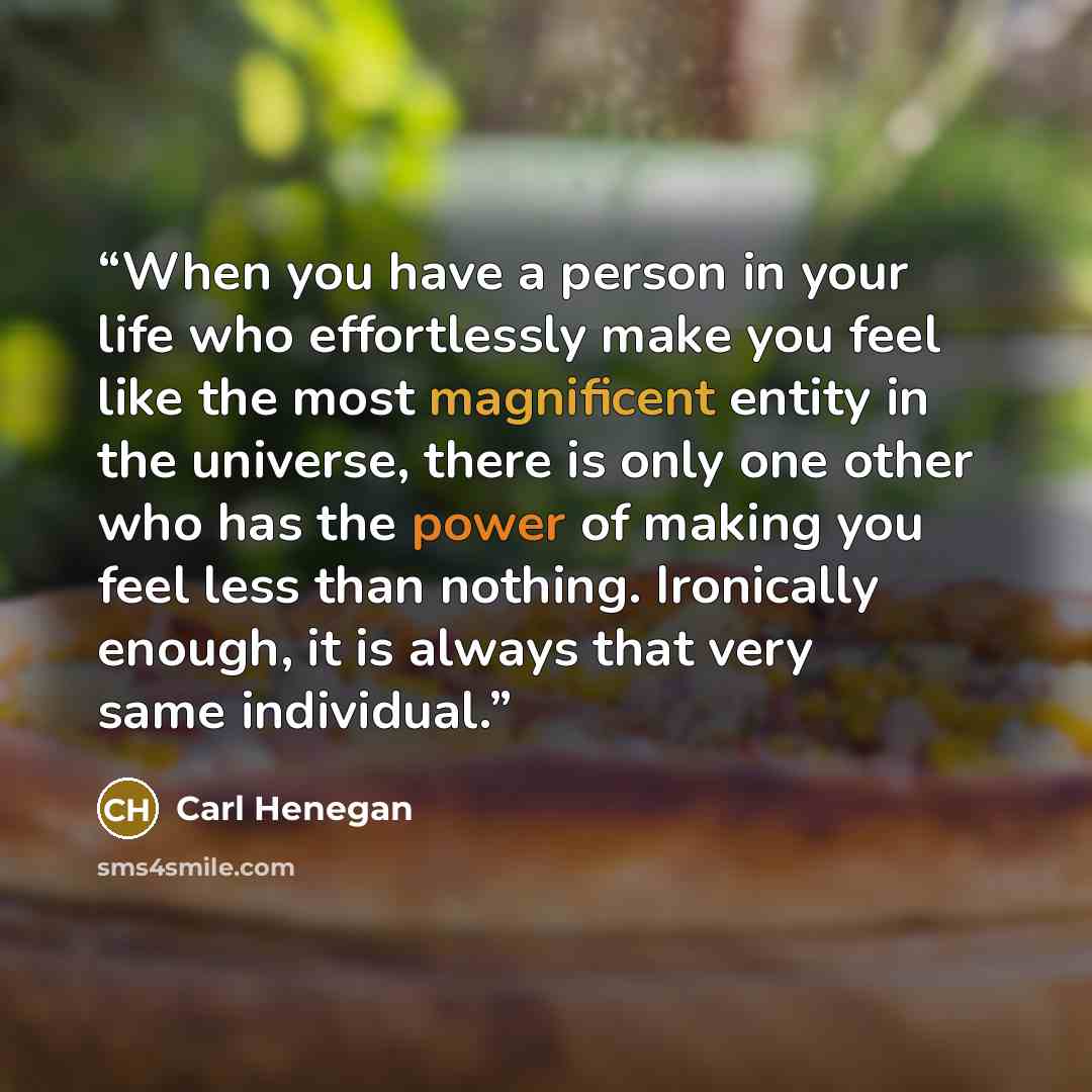 “When you have a person in your life who effortlessly make you feel like the most magnificent entity in the universe, there is only one other who has the power of making you feel less than nothing. Ironically enough, it is always that very same individual.” quote by Carl Henegan