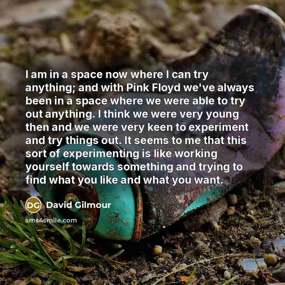 “I am in a space now where I can try anything; and with Pink Floyd we've always been in a space where we were able to try out anything. I think we were very young then and we were very keen to experiment and try things out. It seems to me that this sort of experimenting is like working yourself…” quote by David Gilmour