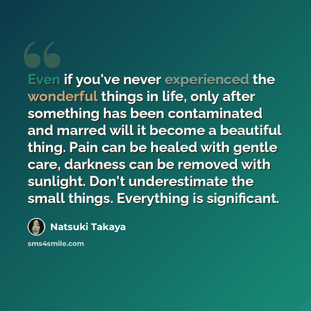 “Even if you've never experienced the wonderful things in life, only after something has been contaminated and marred will it become a beautiful thing. Pain can be healed with gentle care, darkness can be removed with sunlight. Don't underestimate the small things. Everything is significant.” quote by Natsuki Takaya