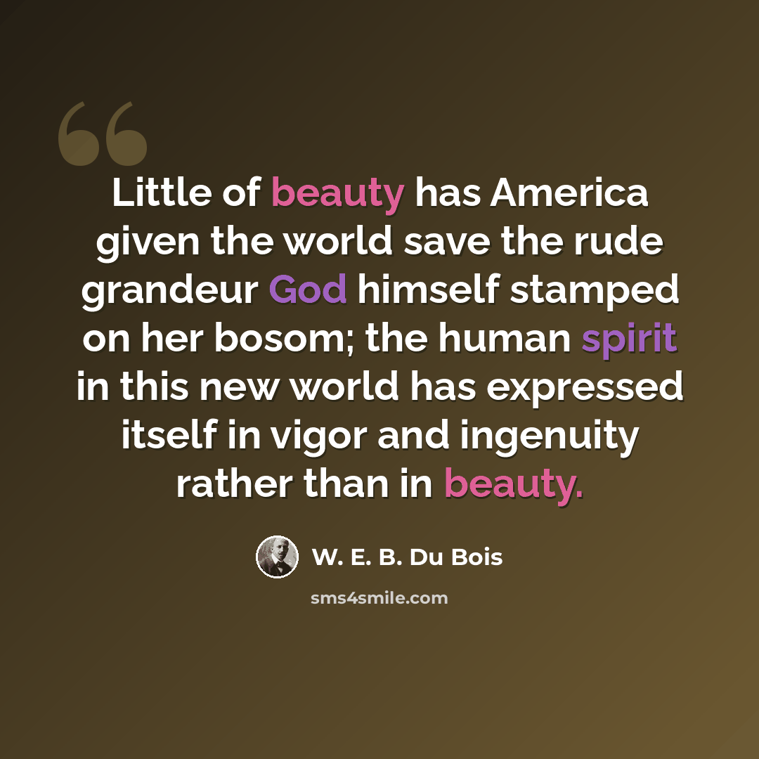 “Little of beauty has America given the world save the rude grandeur God himself stamped on her bosom; the human spirit in this new world has expressed itself in vigor and ingenuity rather than in beauty.” quote by W. E. B. Du Bois