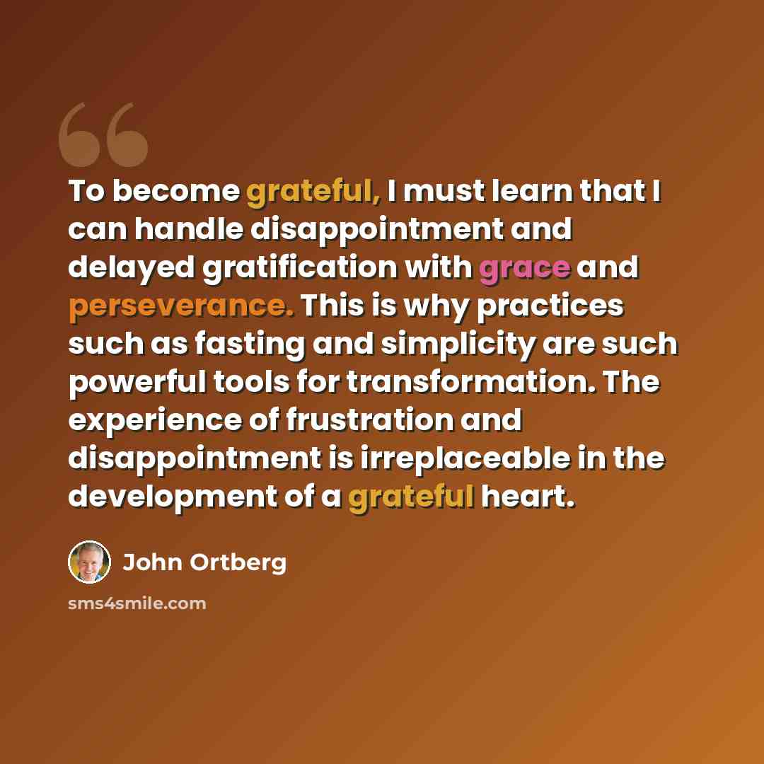 “To become grateful, I must learn that I can handle disappointment and delayed gratification with grace and perseverance. This is why practices such as fasting and simplicity are such powerful tools for transformation. The experience of frustration and disappointment is irreplaceable in the…” quote by John Ortberg