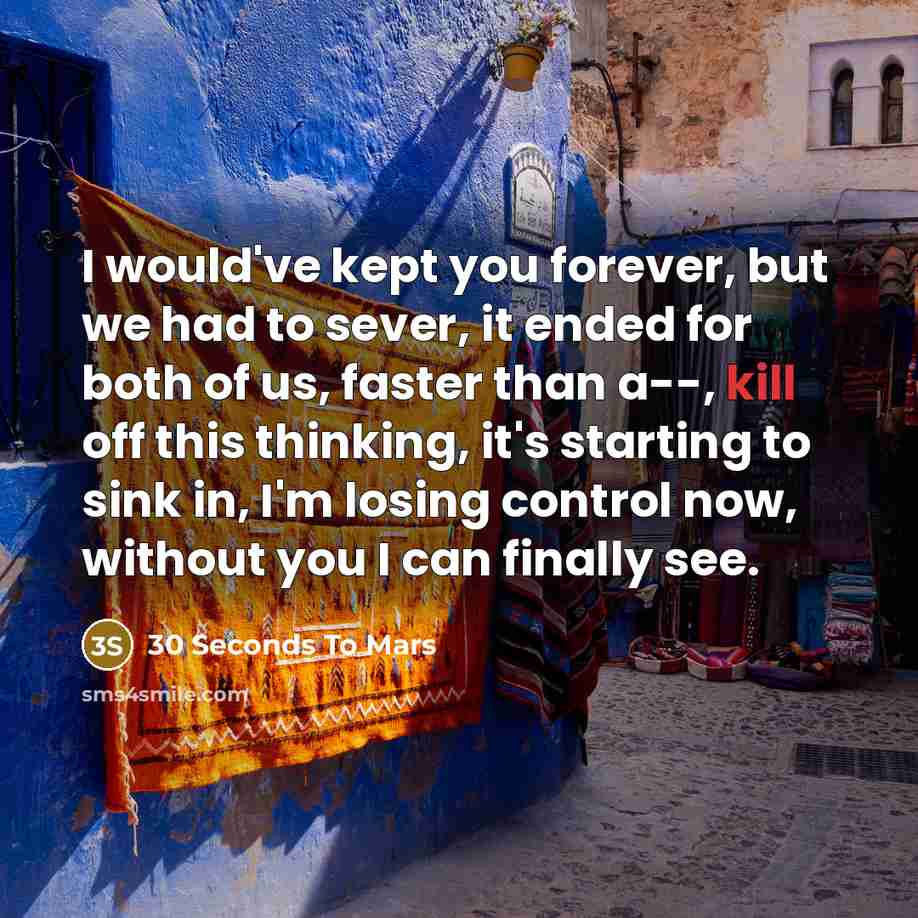 “I would've kept you forever, but we had to sever, it ended for both of us, faster than a--, kill off this thinking, it's starting to sink in, I'm losing control now, without you I can finally see.” quote by 30 Seconds To Mars