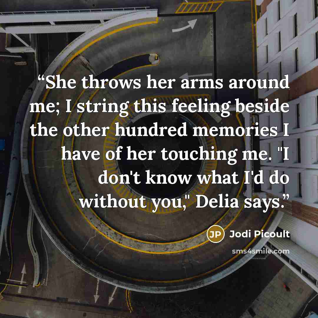 “She throws her arms around me; I string this feeling beside the other hundred memories I have of her touching me. "I don't know what I'd do without you," Delia says.” quote by Jodi Picoult