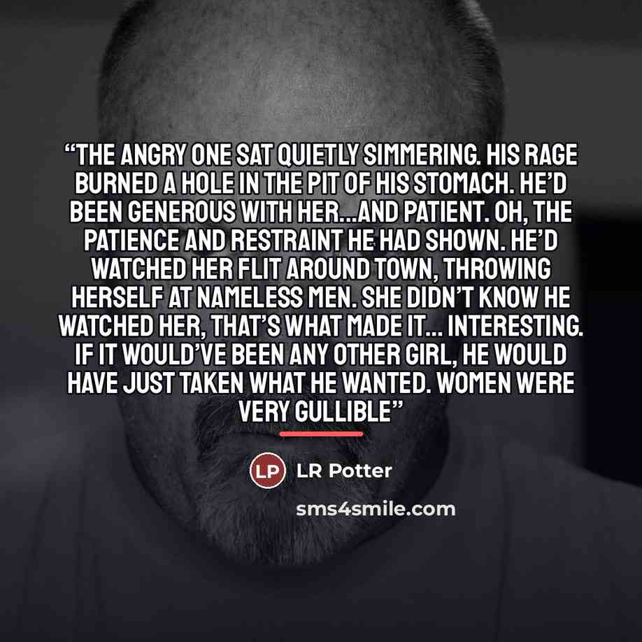 “The Angry One sat quietly simmering. His rage burned a hole in the pit of his stomach. He’d been generous with her...and patient. Oh, the patience and restraint he had shown. He’d watched her flit around town, throwing herself at nameless men. She didn’t know he watched her, that’s what made it……” quote by LR Potter