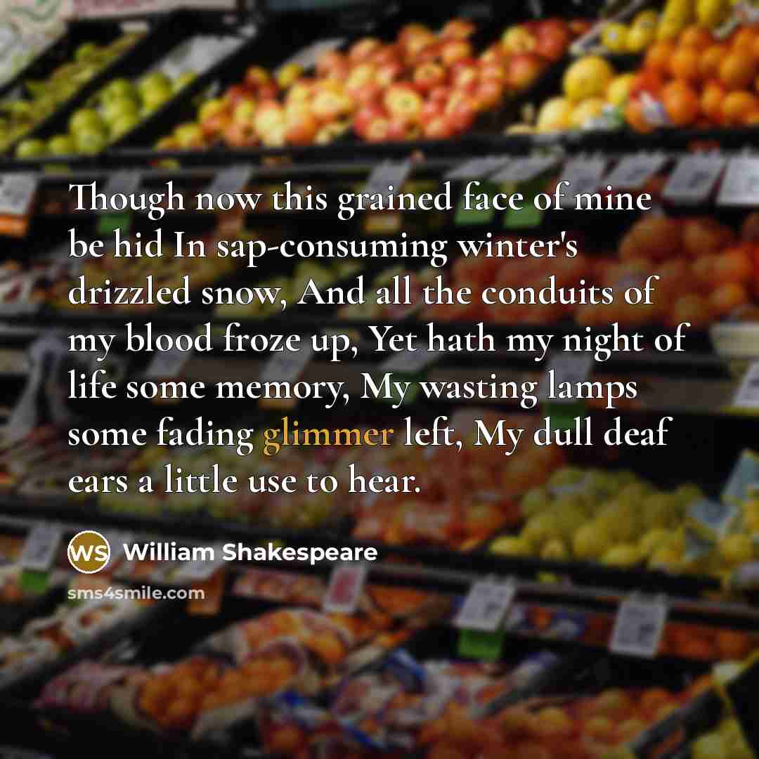 “Though now this grained face of mine be hid In sap-consuming winter's drizzled snow, And all the conduits of my blood froze up, Yet hath my night of life some memory, My wasting lamps some fading glimmer left, My dull deaf ears a little use to hear.” quote by William Shakespeare