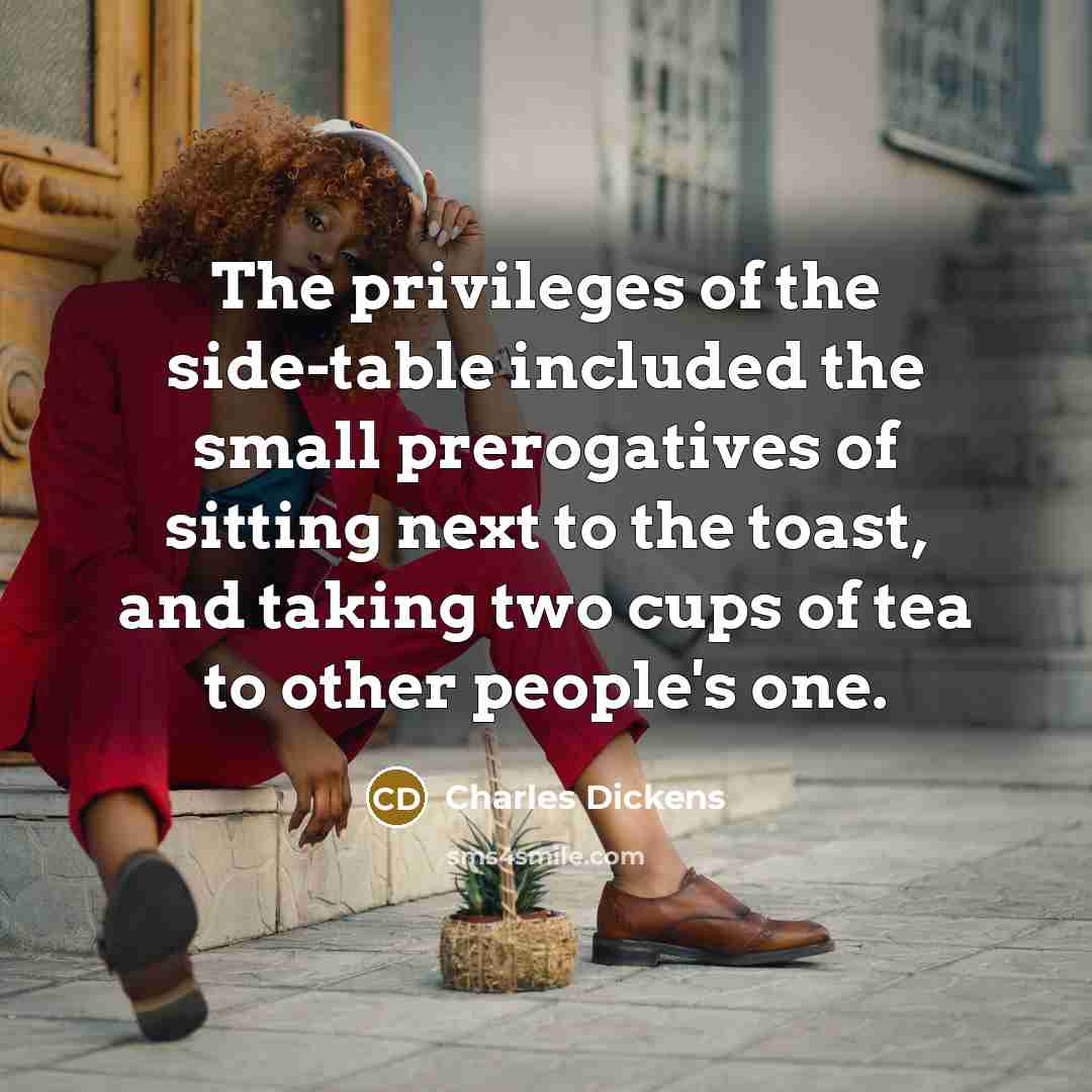 “The privileges of the side-table included the small prerogatives of sitting next to the toast, and taking two cups of tea to other people's one.” quote by Charles Dickens