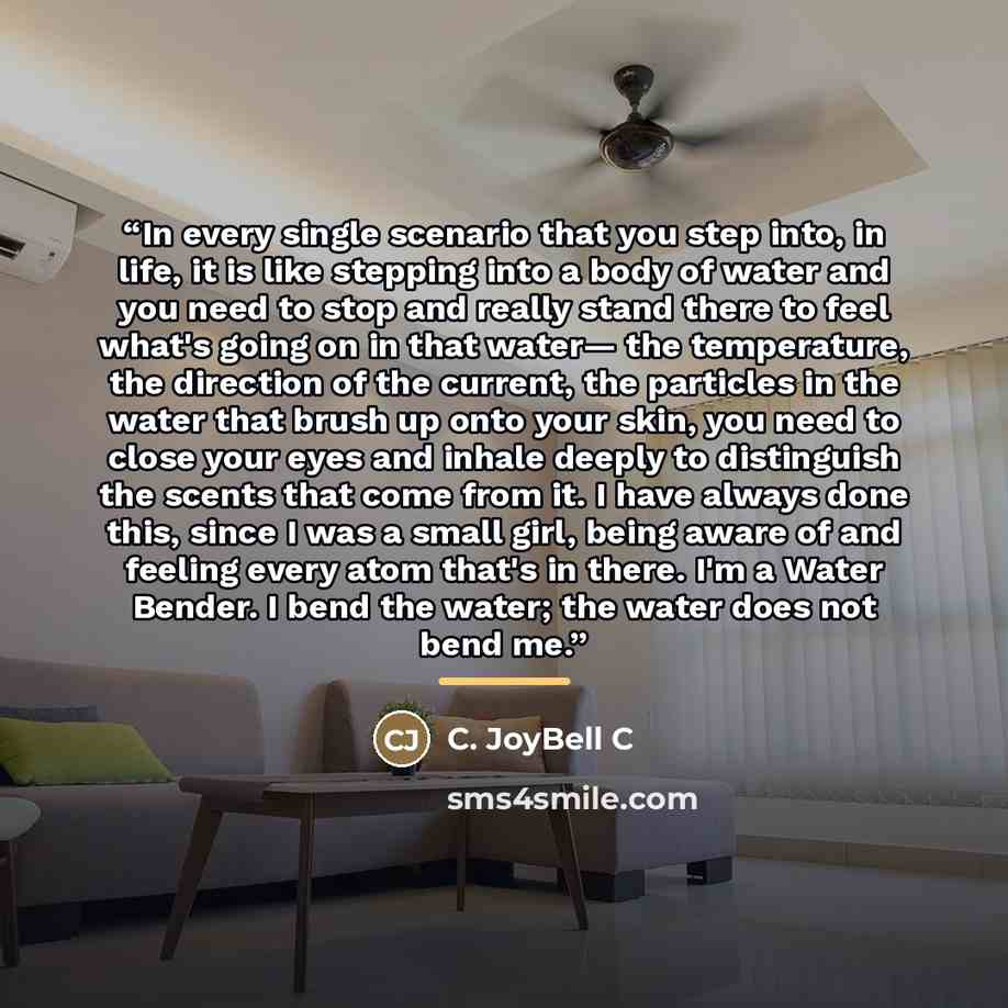 “In every single scenario that you step into, in life, it is like stepping into a body of water and you need to stop and really stand there to feel what's going on in that water— the temperature, the direction of the current, the particles in the water that brush up onto your skin, you need to…” quote by C. JoyBell C