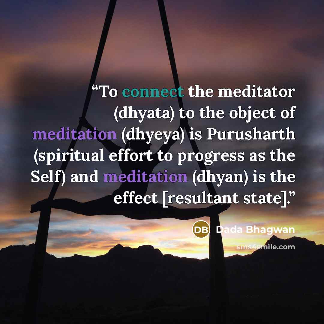 “To connect the meditator (dhyata) to the object of meditation (dhyeya) is Purusharth (spiritual effort to progress as the Self) and meditation (dhyan) is the effect [resultant state].” quote by Dada Bhagwan