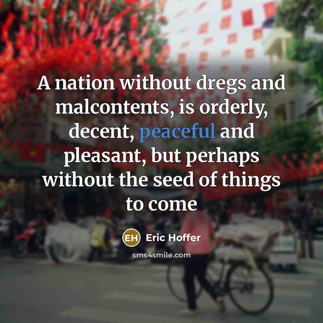 “A nation without dregs and malcontents, is orderly, decent, peaceful and pleasant, but perhaps without the seed of things to come” quote by Eric Hoffer
