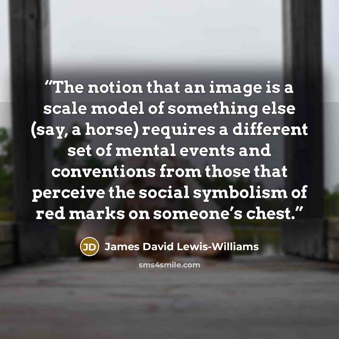 “The notion that an image is a scale model of something else (say, a horse) requires a different set of mental events and conventions from those that perceive the social symbolism of red marks on someone’s chest.” quote by James David Lewis-Williams